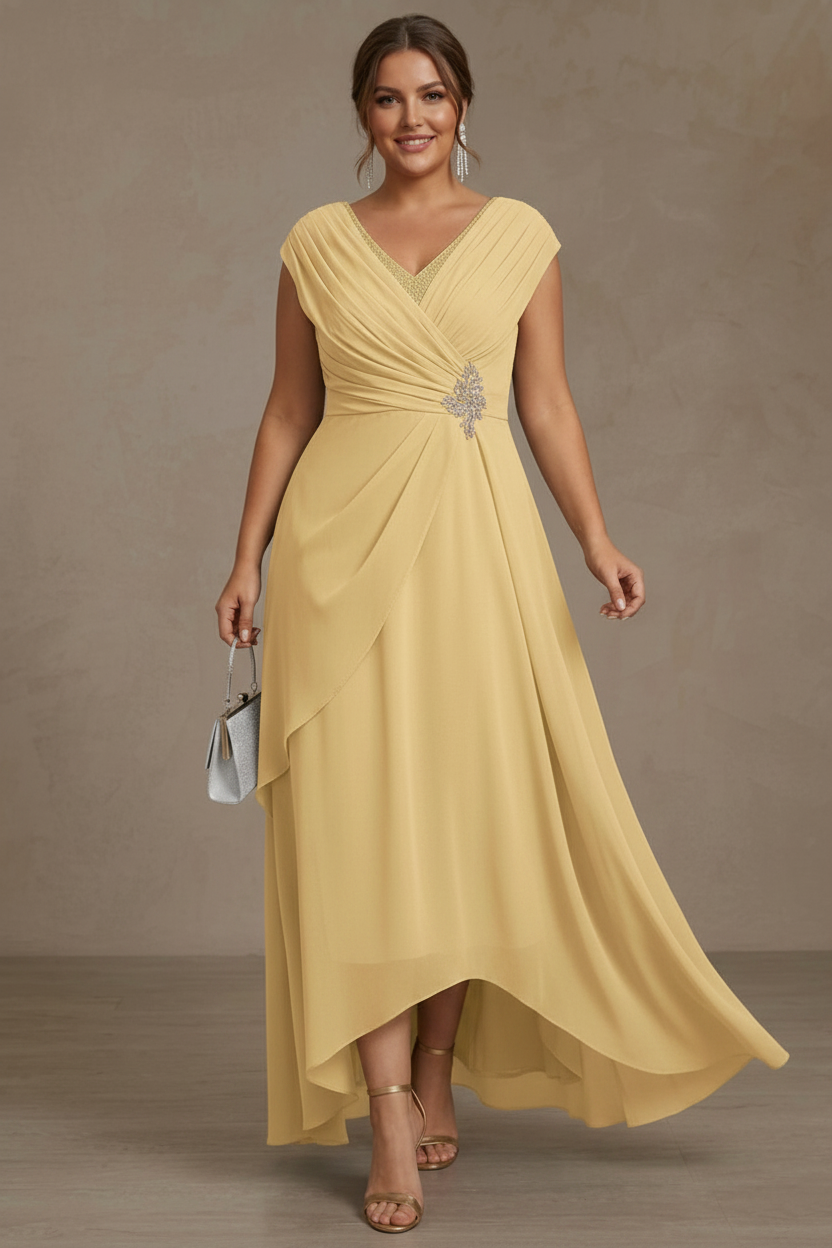 A-Line/Princess V-Neck Chiffon Plus Size Mother of the Bride Dresses Asymmetrical Floor-Length Sequins Ruched