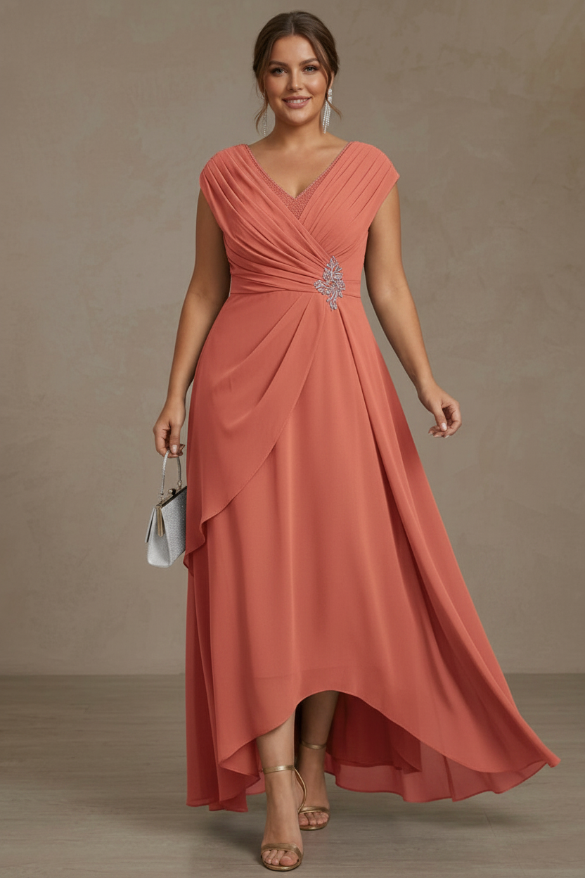 A-Line/Princess V-Neck Chiffon Plus Size Mother of the Bride Dresses Asymmetrical Floor-Length Sequins Ruched