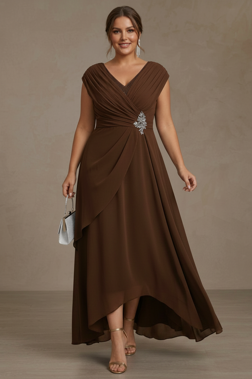 A-Line/Princess V-Neck Chiffon Plus Size Mother of the Bride Dresses Asymmetrical Floor-Length Sequins Ruched