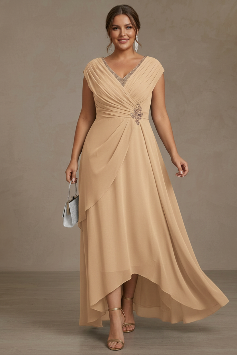 A-Line/Princess V-Neck Chiffon Plus Size Mother of the Bride Dresses Asymmetrical Floor-Length Sequins Ruched