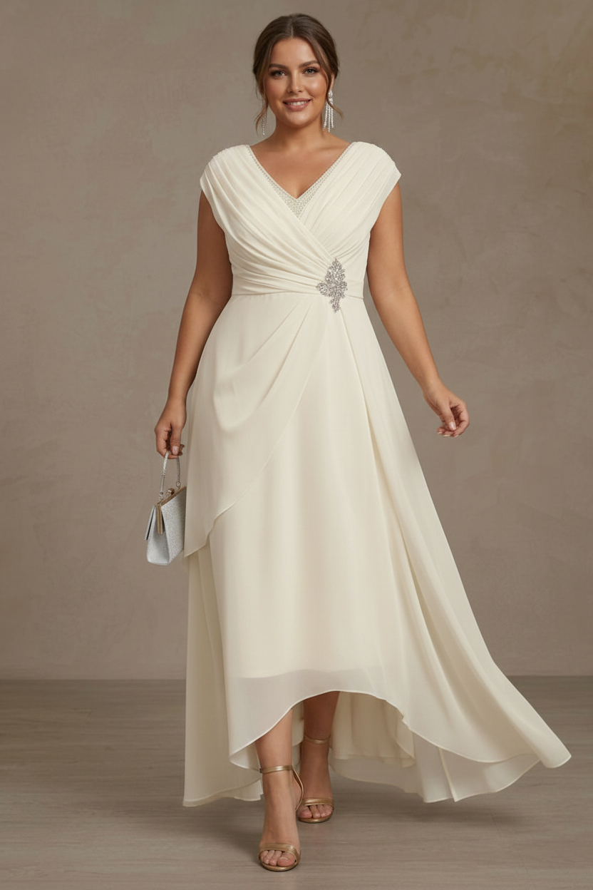 A-Line/Princess V-Neck Chiffon Plus Size Mother of the Bride Dresses Asymmetrical Floor-Length Sequins Ruched