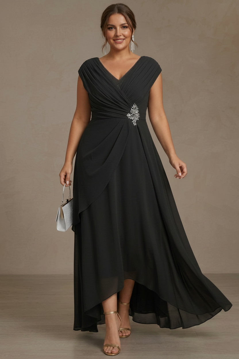 A-Line/Princess V-Neck Chiffon Plus Size Mother of the Bride Dresses Asymmetrical Floor-Length Sequins Ruched