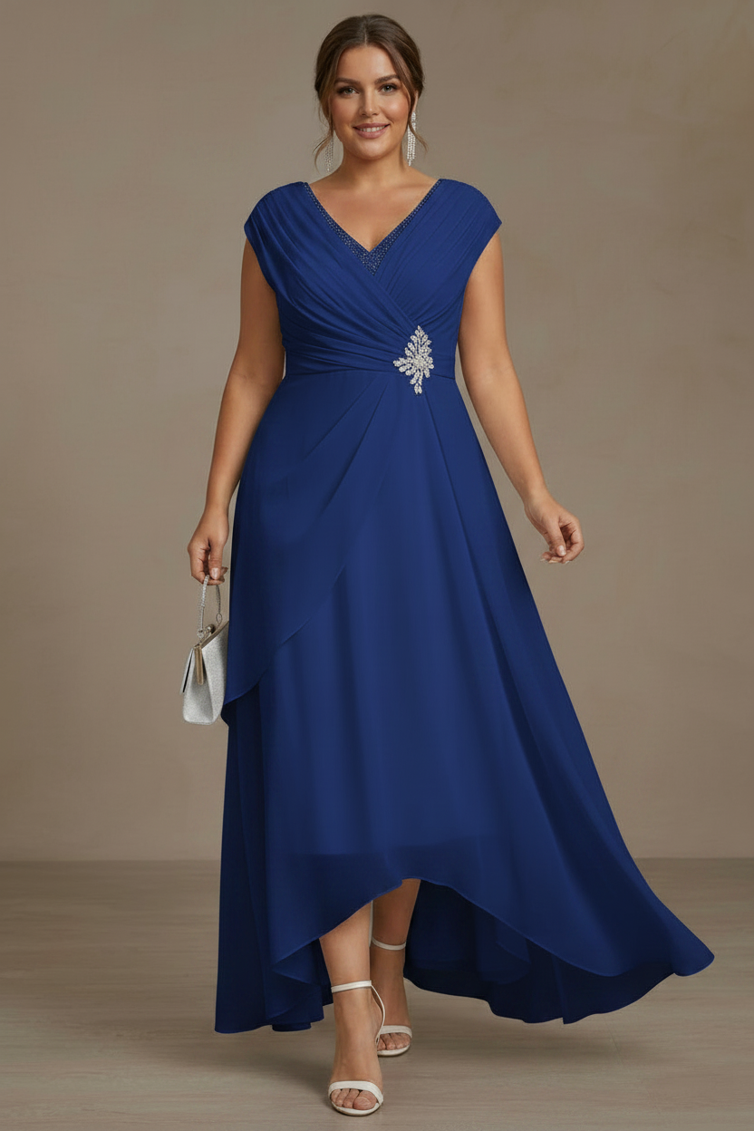 A-Line/Princess V-Neck Chiffon Plus Size Mother of the Bride Dresses Asymmetrical Floor-Length Sequins Ruched