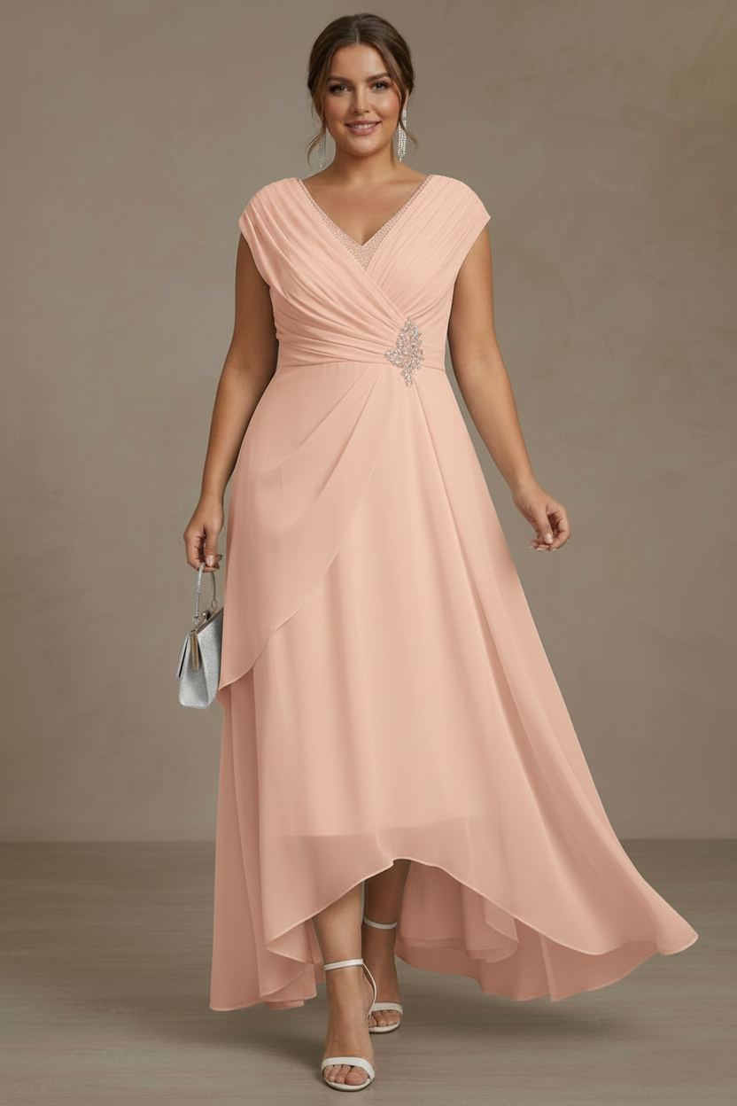 A-Line/Princess V-Neck Chiffon Plus Size Mother of the Bride Dresses Asymmetrical Floor-Length Sequins Ruched