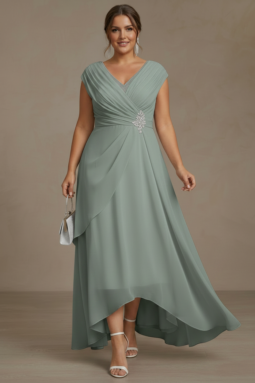 A-Line/Princess V-Neck Chiffon Plus Size Mother of the Bride Dresses Asymmetrical Floor-Length Sequins Ruched