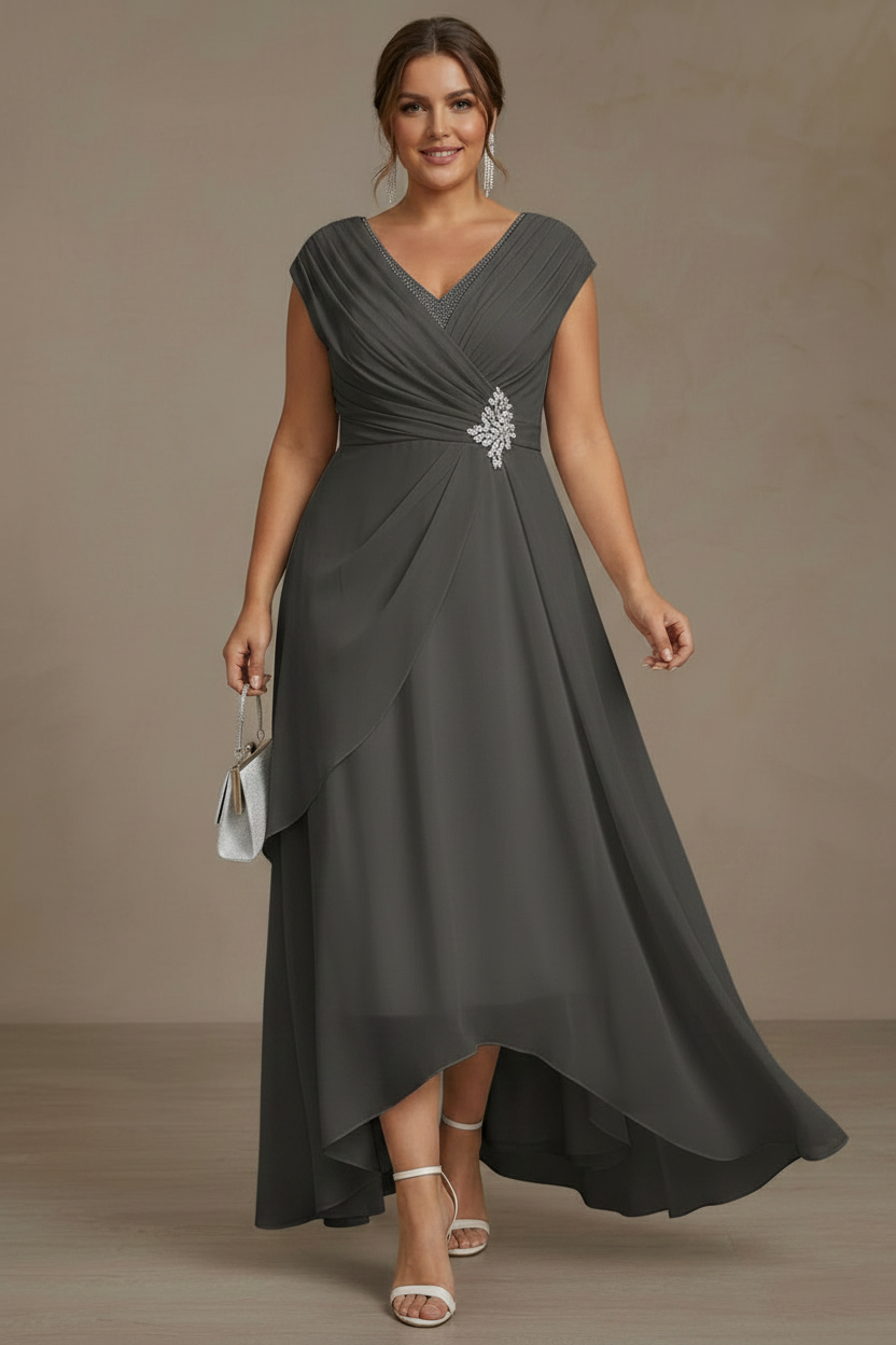A-Line/Princess V-Neck Chiffon Plus Size Mother of the Bride Dresses Asymmetrical Floor-Length Sequins Ruched