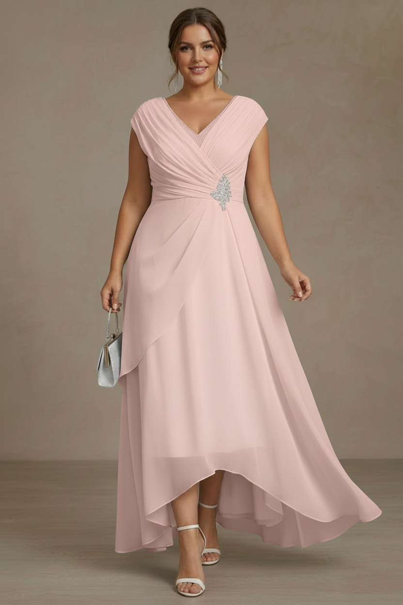 A-Line/Princess V-Neck Chiffon Plus Size Mother of the Bride Dresses Asymmetrical Floor-Length Sequins Ruched