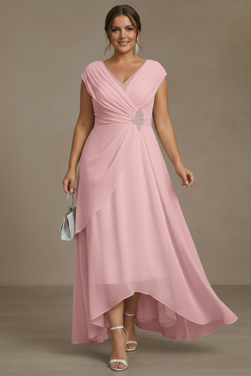 A-Line/Princess V-Neck Chiffon Plus Size Mother of the Bride Dresses Asymmetrical Floor-Length Sequins Ruched