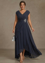 A-Line/Princess V-Neck Chiffon Plus Size Mother of the Bride Dresses Asymmetrical Floor-Length Sequins Ruched