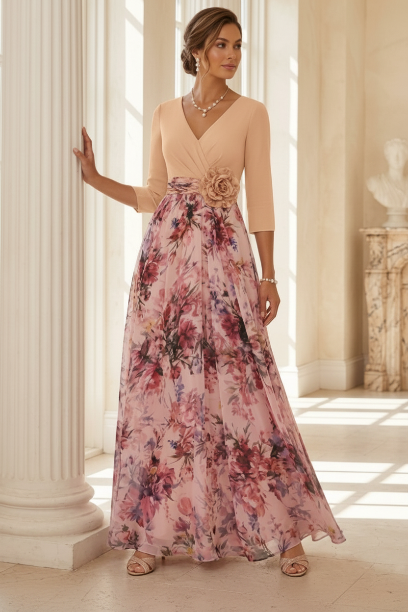 A-Line/Princess V-Neck Elastic Chiffon Mother of the Bride Dresses with 3D Flower Floral Ankle-Length 3/4 Sleeves