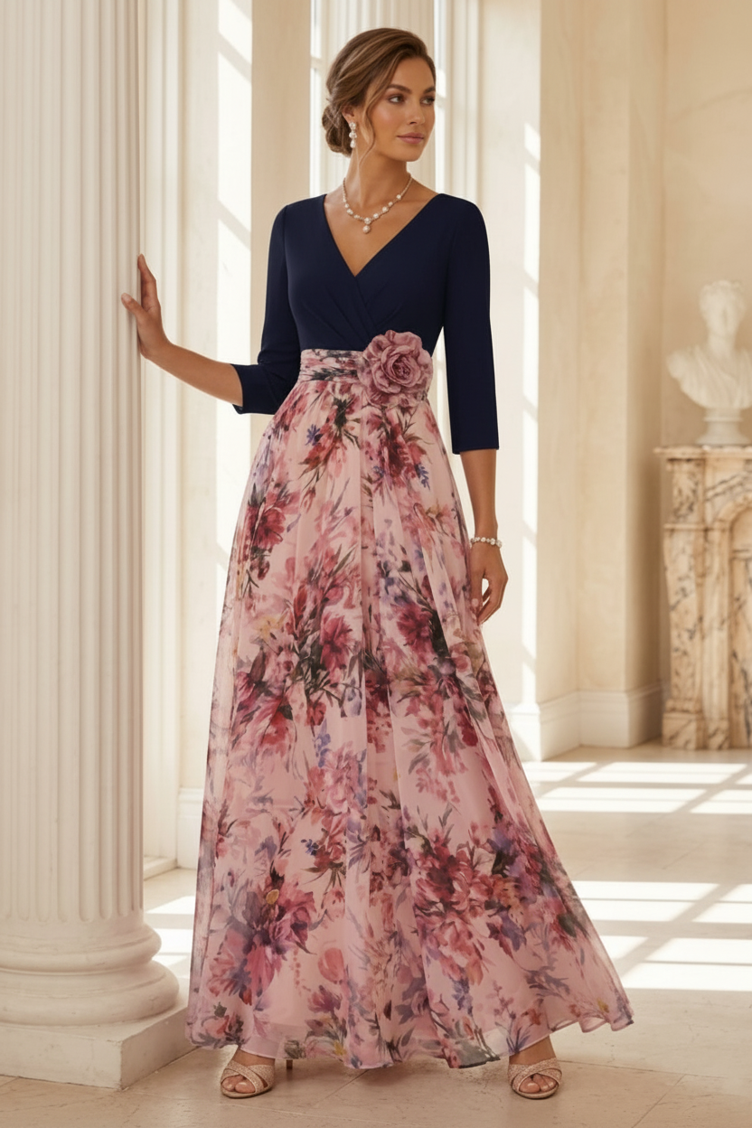 A-Line/Princess V-Neck Elastic Chiffon Mother of the Bride Dresses with 3D Flower Floral Ankle-Length 3/4 Sleeves