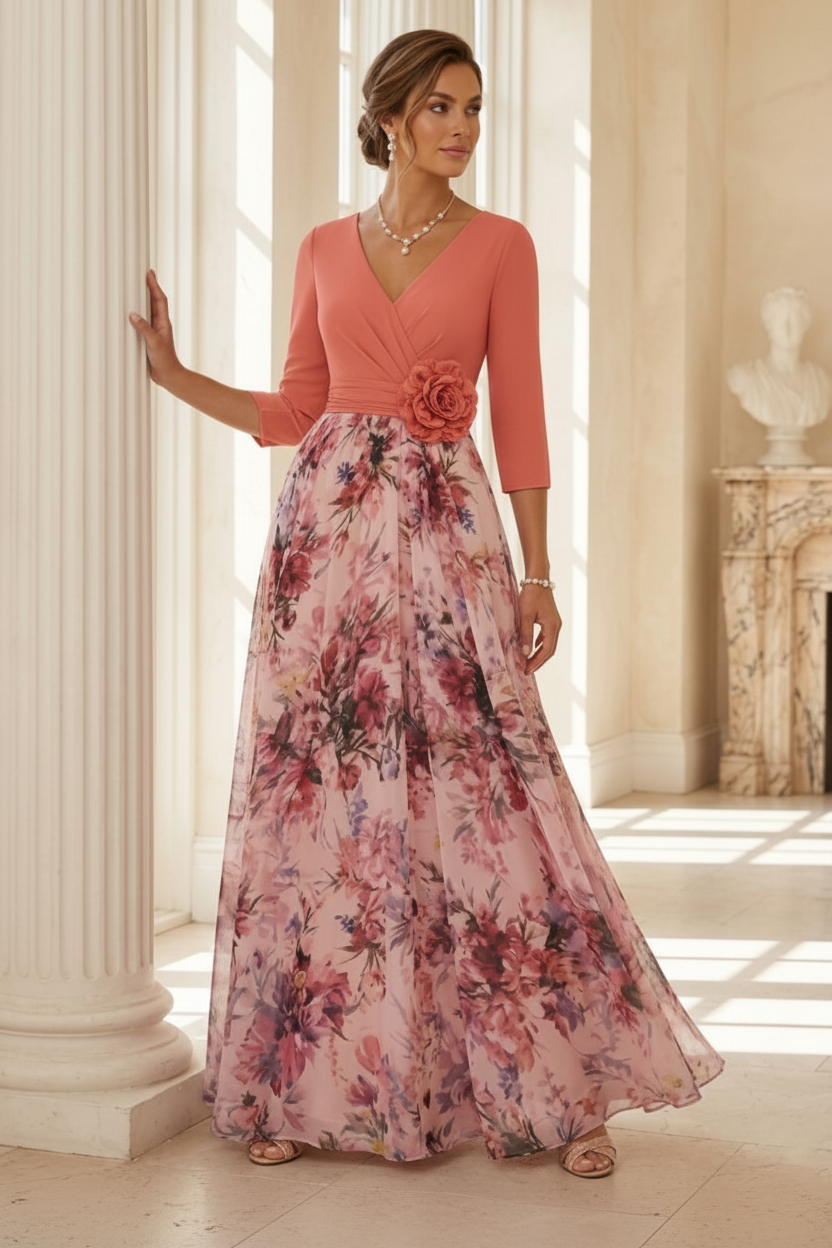 A-Line/Princess V-Neck Elastic Chiffon Mother of the Bride Dresses with 3D Flower Floral Ankle-Length 3/4 Sleeves