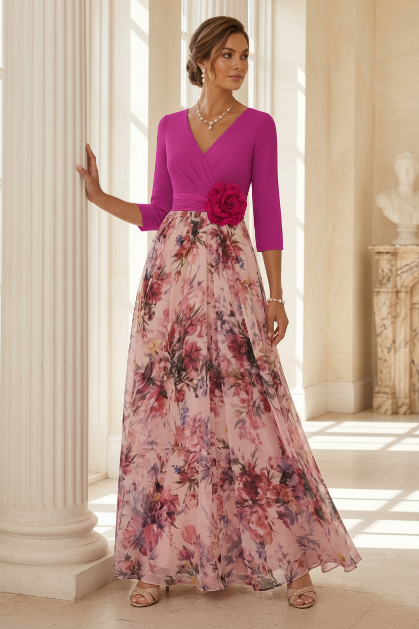 A-Line/Princess V-Neck Elastic Chiffon Mother of the Bride Dresses with 3D Flower Floral Ankle-Length 3/4 Sleeves