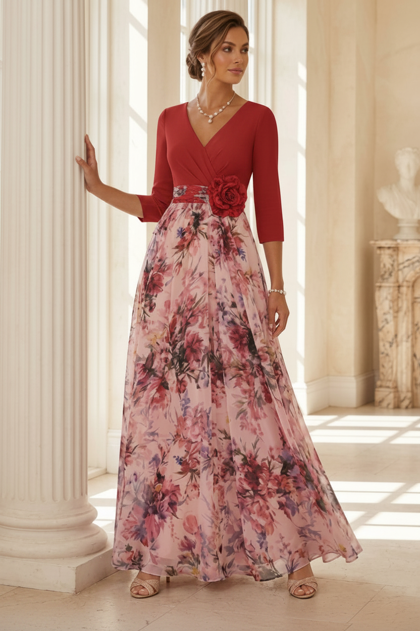 A-Line/Princess V-Neck Elastic Chiffon Mother of the Bride Dresses with 3D Flower Floral Ankle-Length 3/4 Sleeves