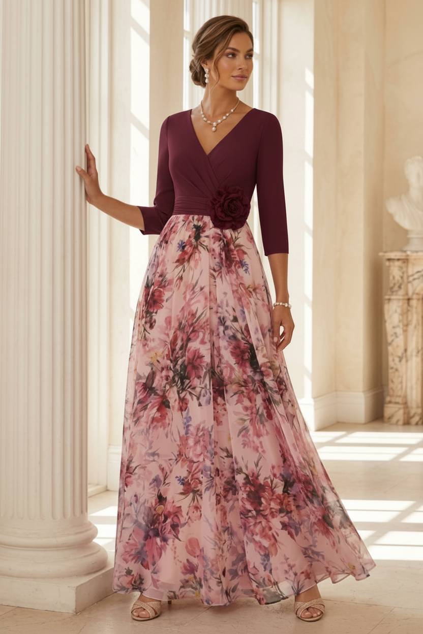 A-Line/Princess V-Neck Elastic Chiffon Mother of the Bride Dresses with 3D Flower Floral Ankle-Length 3/4 Sleeves