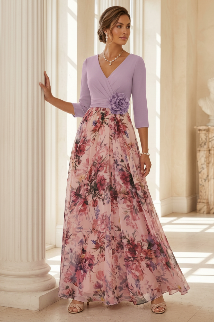 A-Line/Princess V-Neck Elastic Chiffon Mother of the Bride Dresses with 3D Flower Floral Ankle-Length 3/4 Sleeves