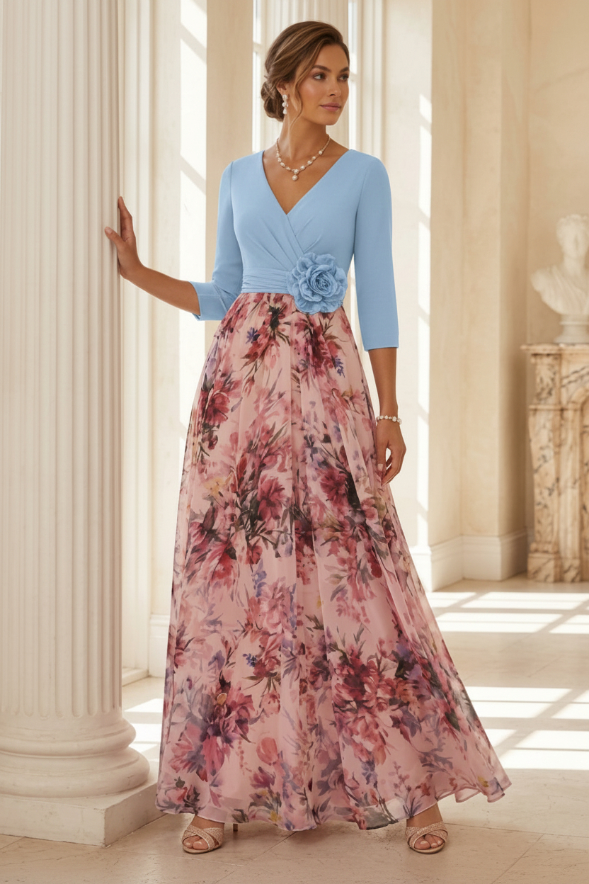 A-Line/Princess V-Neck Elastic Chiffon Mother of the Bride Dresses with 3D Flower Floral Ankle-Length 3/4 Sleeves