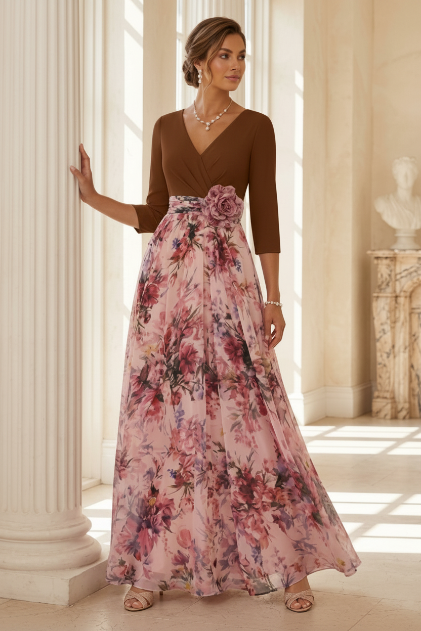 A-Line/Princess V-Neck Elastic Chiffon Mother of the Bride Dresses with 3D Flower Floral Ankle-Length 3/4 Sleeves