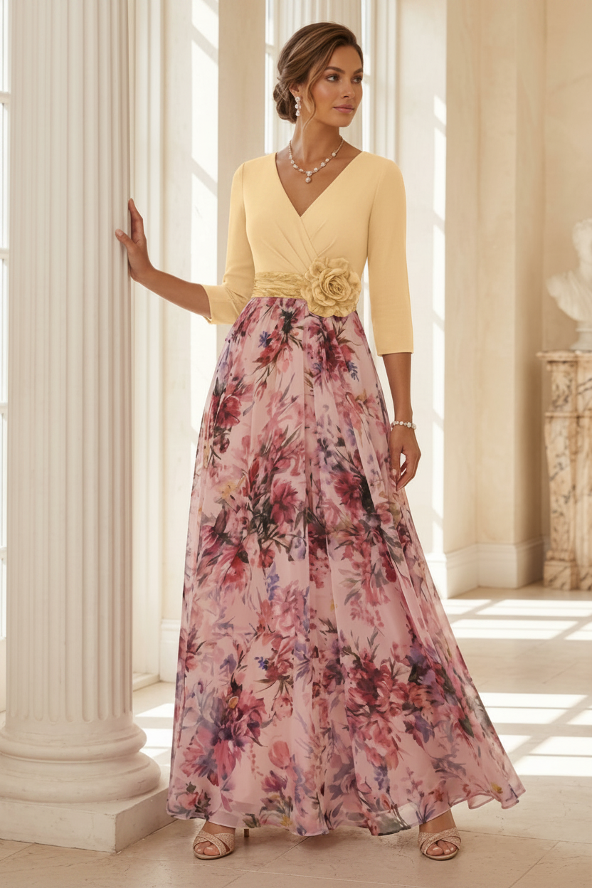 A-Line/Princess V-Neck Elastic Chiffon Mother of the Bride Dresses with 3D Flower Floral Ankle-Length 3/4 Sleeves