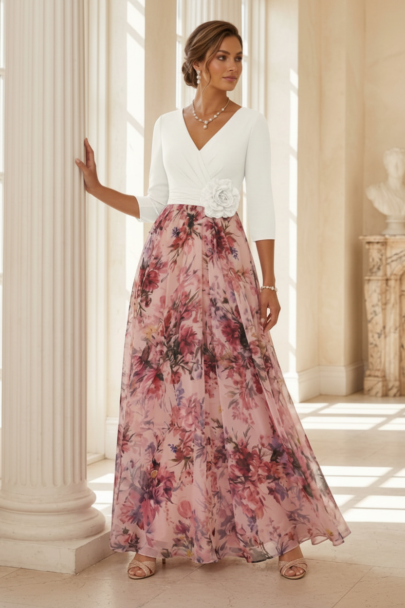 A-Line/Princess V-Neck Elastic Chiffon Mother of the Bride Dresses with 3D Flower Floral Ankle-Length 3/4 Sleeves
