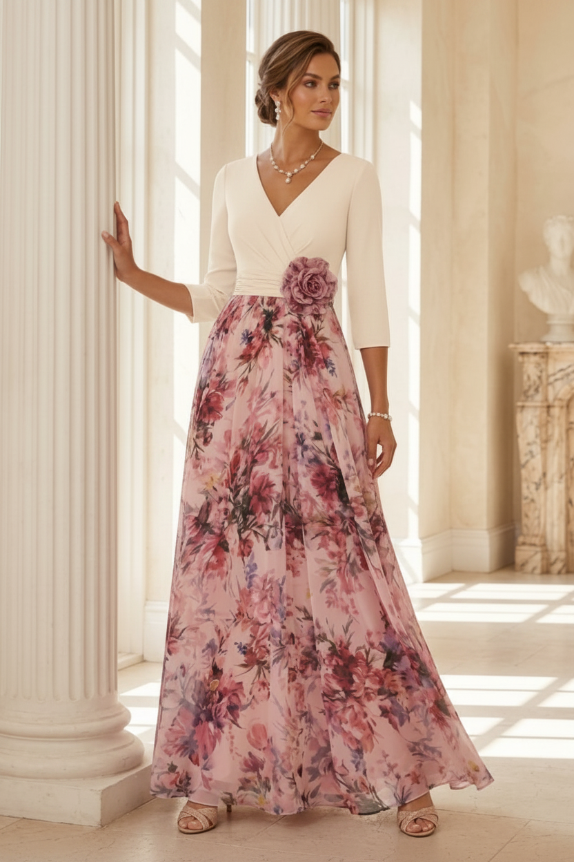 A-Line/Princess V-Neck Elastic Chiffon Mother of the Bride Dresses with 3D Flower Floral Ankle-Length 3/4 Sleeves