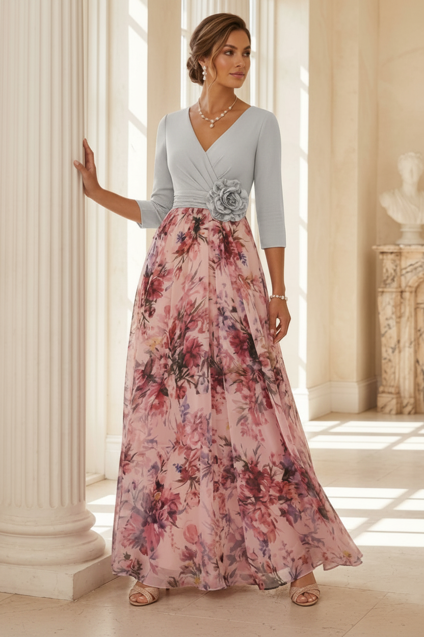 A-Line/Princess V-Neck Elastic Chiffon Mother of the Bride Dresses with 3D Flower Floral Ankle-Length 3/4 Sleeves