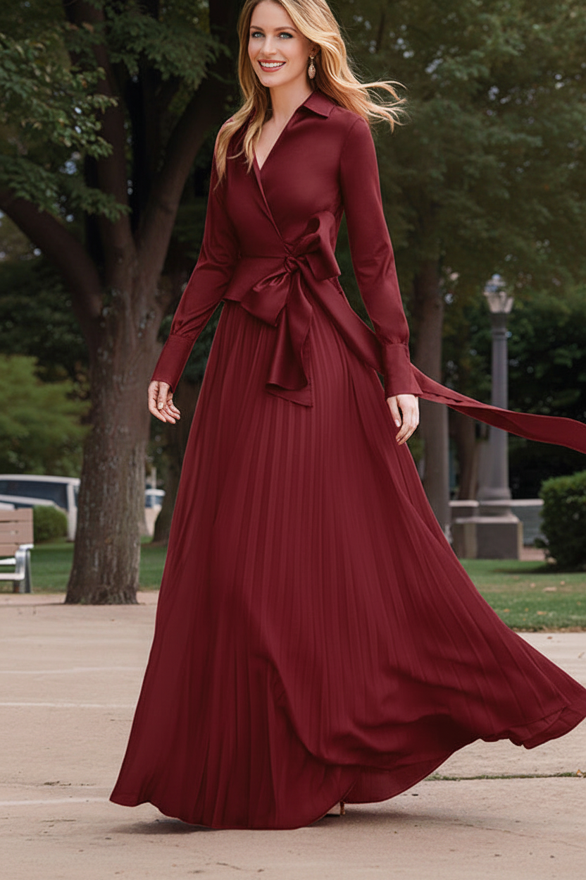 A-Line/Princess V-Neck Floor-Length Long Sleeves Satin Chiffon Two Piece Mother of the Bride Dresses With Bowknot