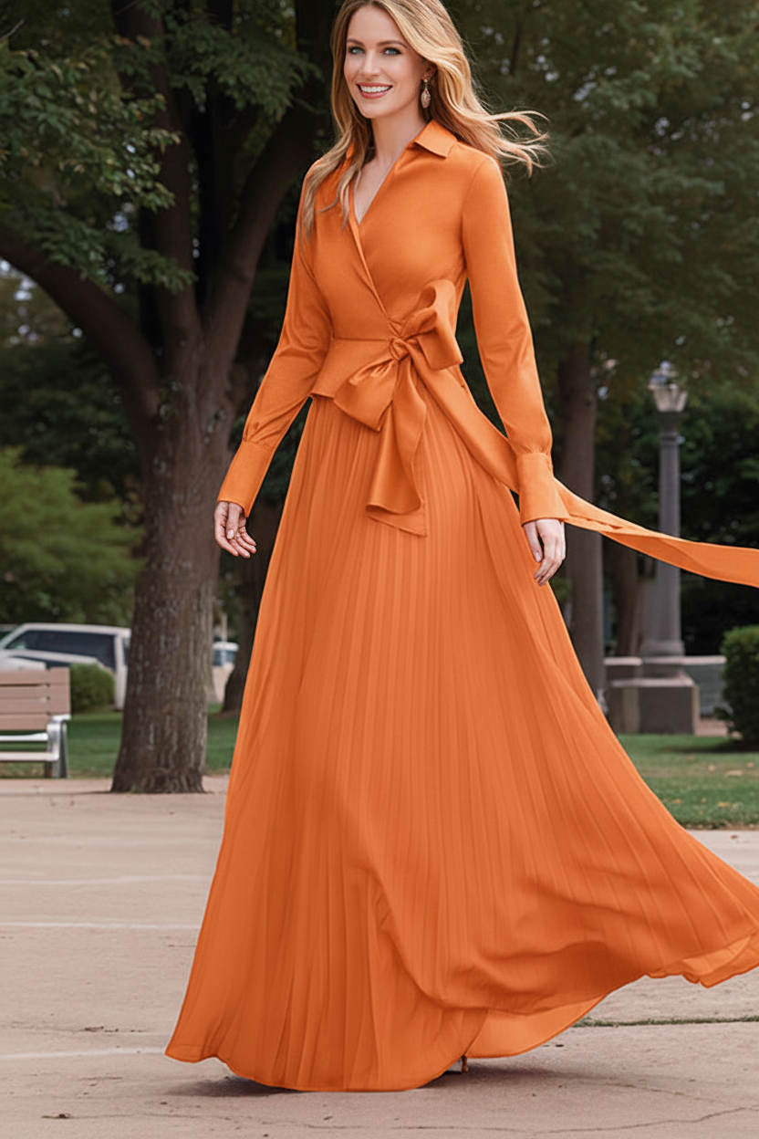 A-Line/Princess V-Neck Floor-Length Long Sleeves Satin Chiffon Two Piece Mother of the Bride Dresses With Bowknot