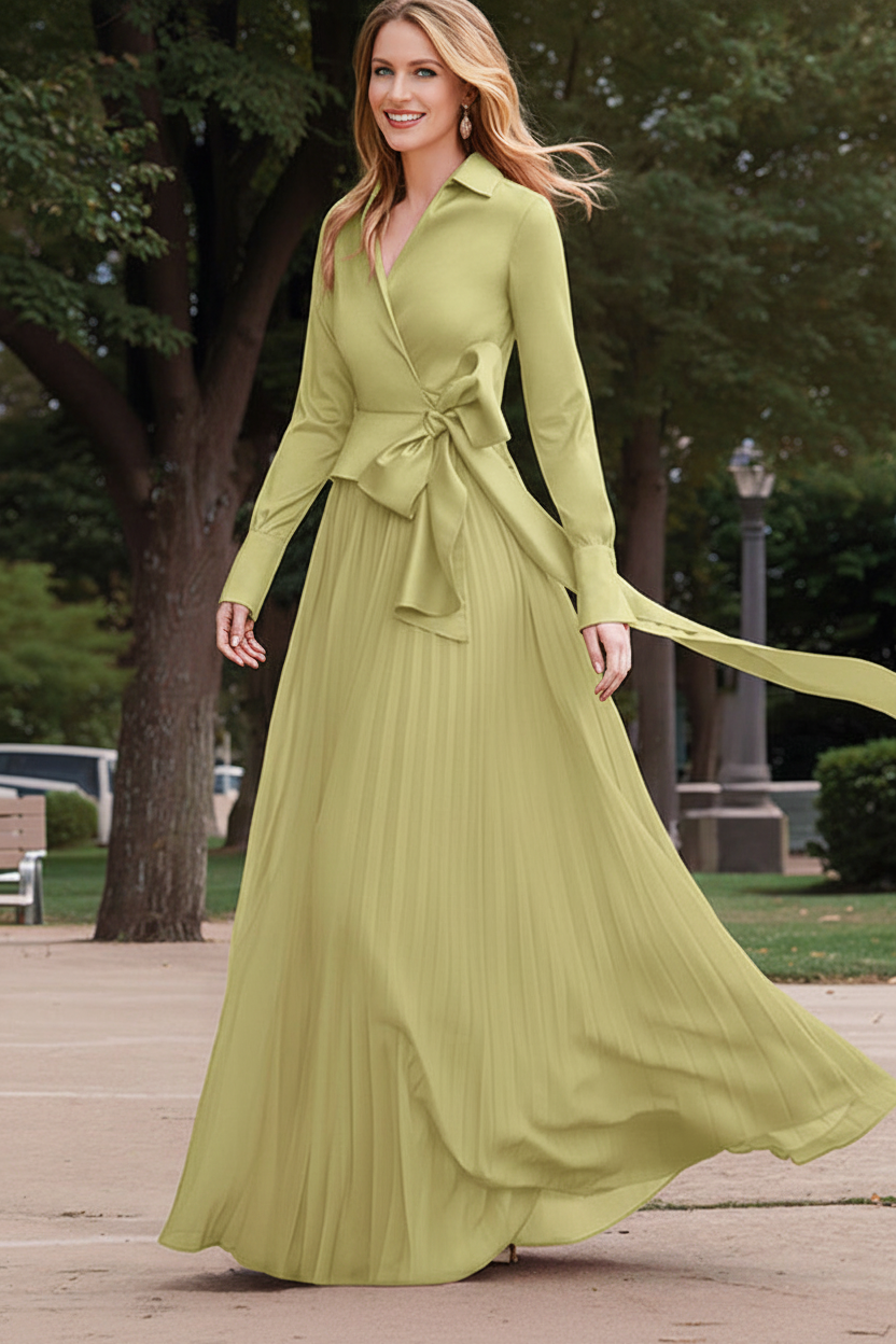 A-Line/Princess V-Neck Floor-Length Long Sleeves Satin Chiffon Two Piece Mother of the Bride Dresses With Bowknot