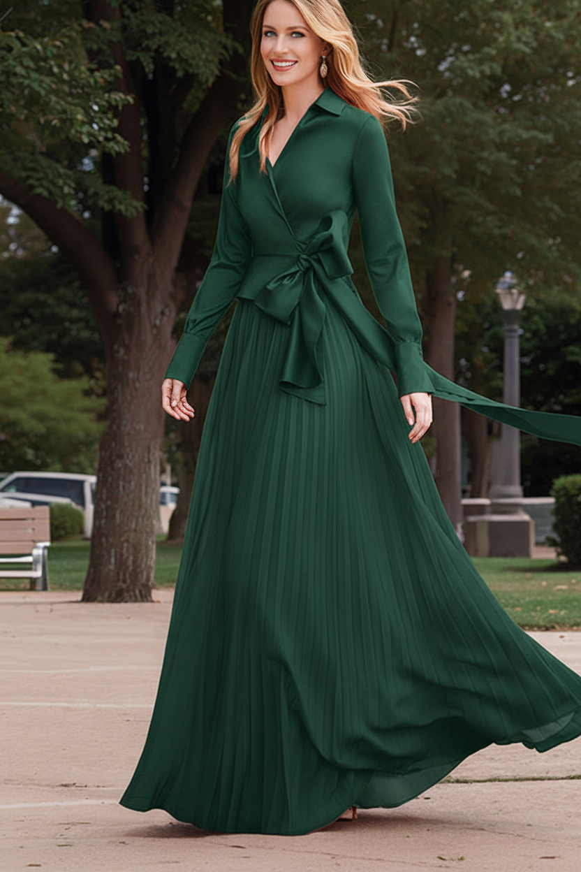 A-Line/Princess V-Neck Floor-Length Long Sleeves Satin Chiffon Two Piece Mother of the Bride Dresses With Bowknot