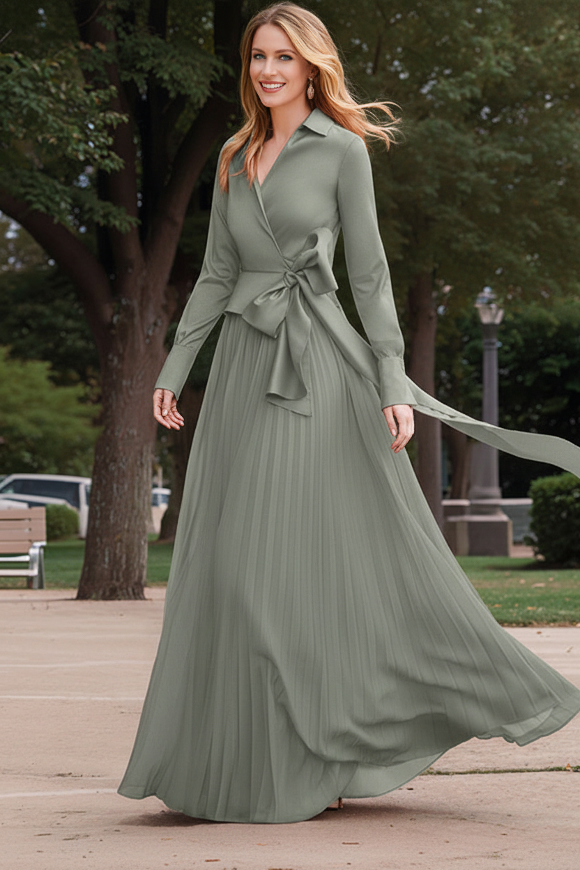 A-Line/Princess V-Neck Floor-Length Long Sleeves Satin Chiffon Two Piece Mother of the Bride Dresses With Bowknot