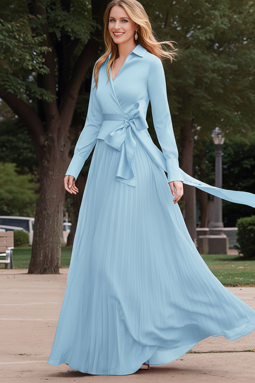 A-Line/Princess V-Neck Floor-Length Long Sleeves Satin Chiffon Two Piece Mother of the Bride Dresses With Bowknot
