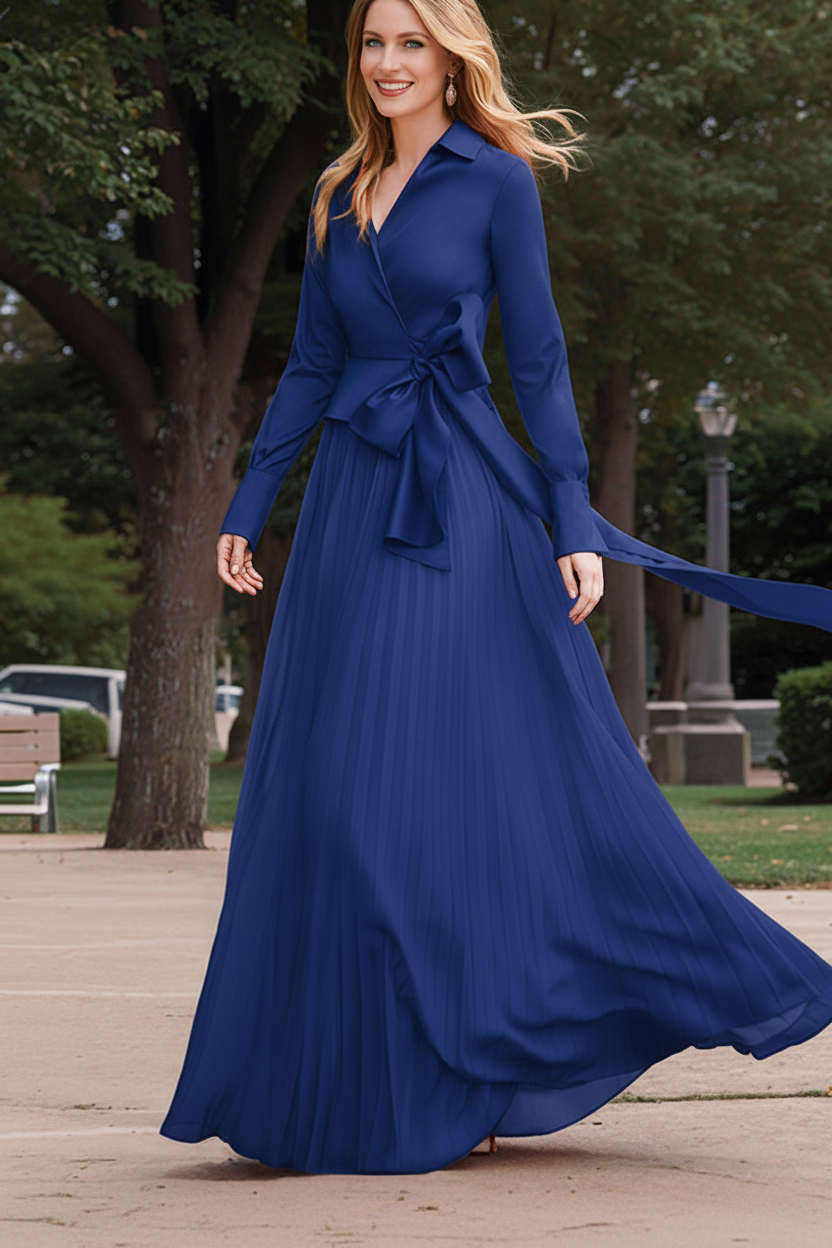 A-Line/Princess V-Neck Floor-Length Long Sleeves Satin Chiffon Two Piece Mother of the Bride Dresses With Bowknot