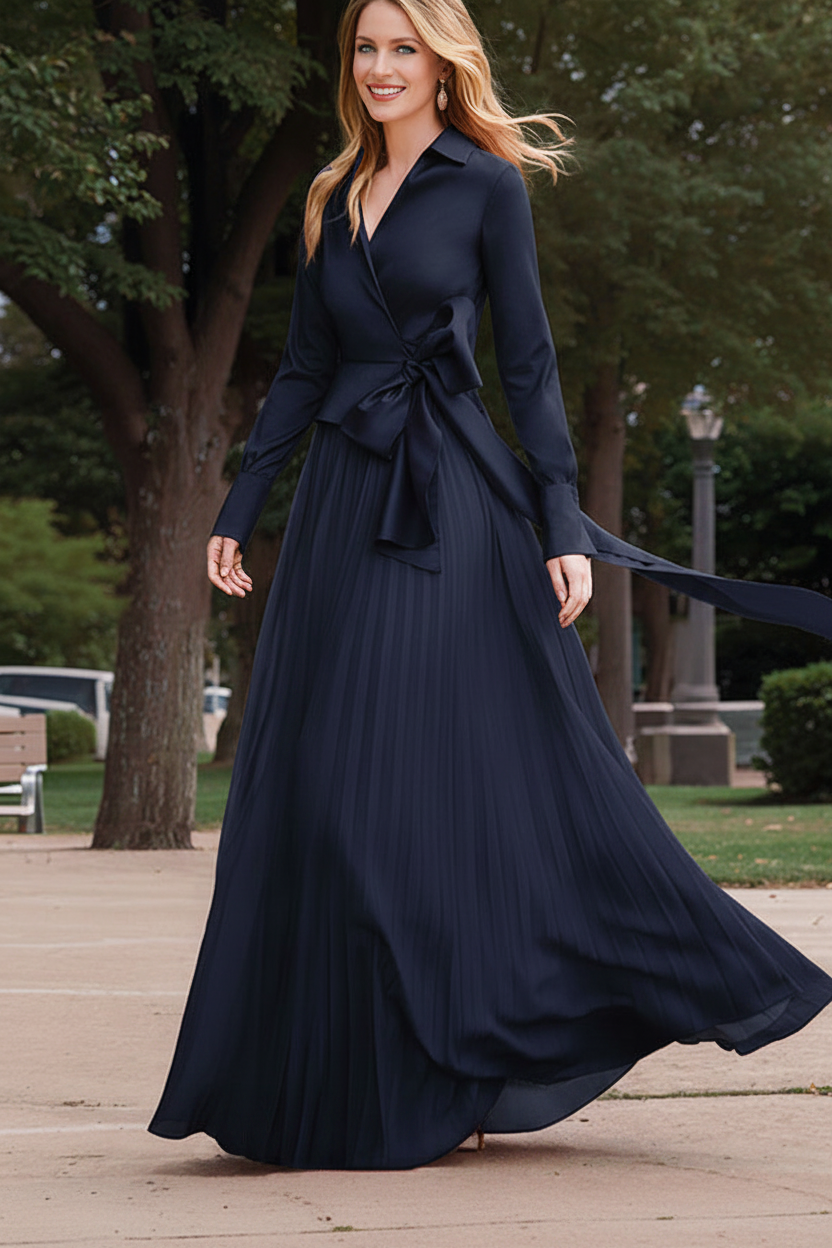 A-Line/Princess V-Neck Floor-Length Long Sleeves Satin Chiffon Two Piece Mother of the Bride Dresses With Bowknot