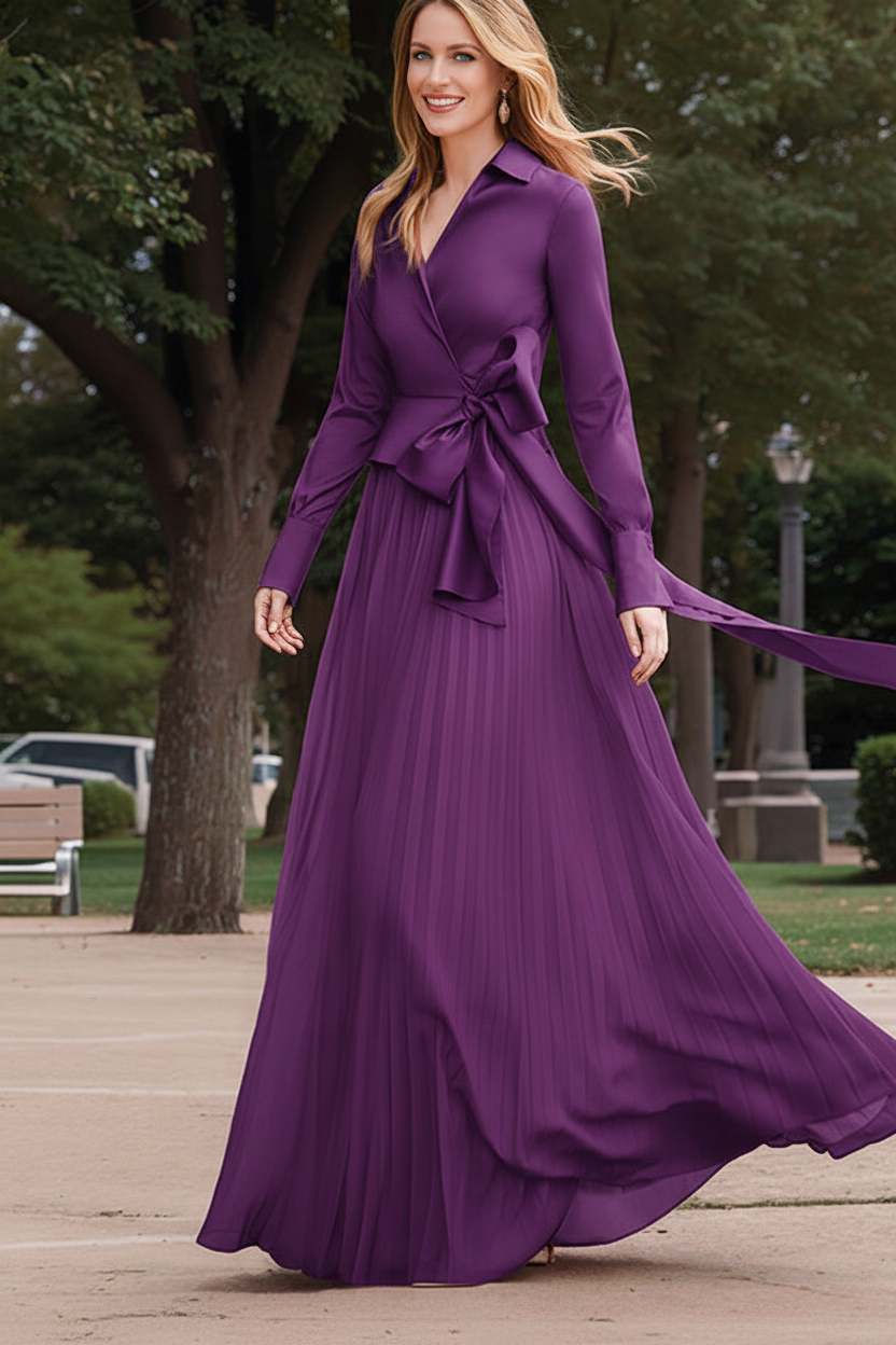 A-Line/Princess V-Neck Floor-Length Long Sleeves Satin Chiffon Two Piece Mother of the Bride Dresses With Bowknot