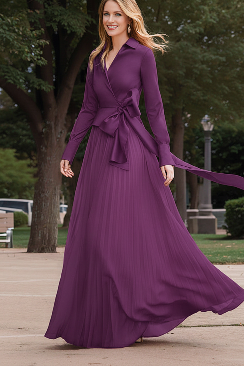 A-Line/Princess V-Neck Floor-Length Long Sleeves Satin Chiffon Two Piece Mother of the Bride Dresses With Bowknot
