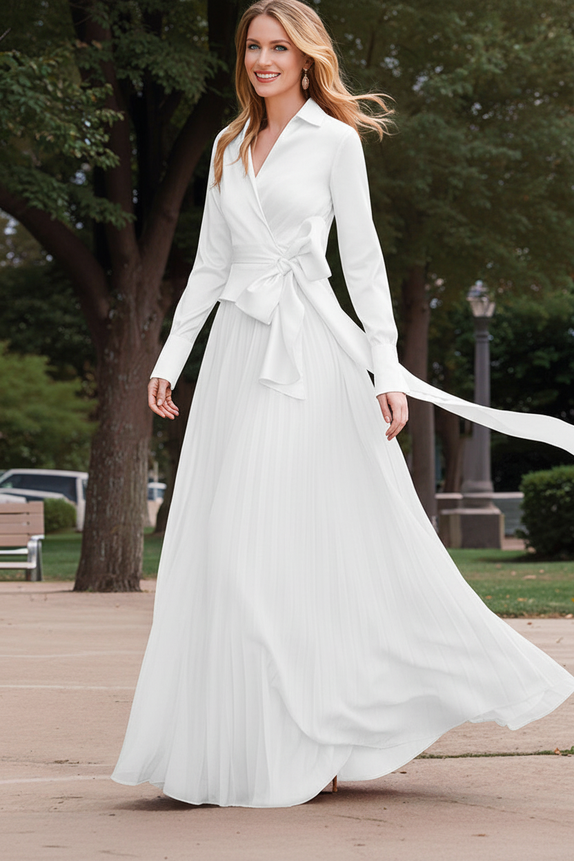 A-Line/Princess V-Neck Floor-Length Long Sleeves Satin Chiffon Two Piece Mother of the Bride Dresses With Bowknot