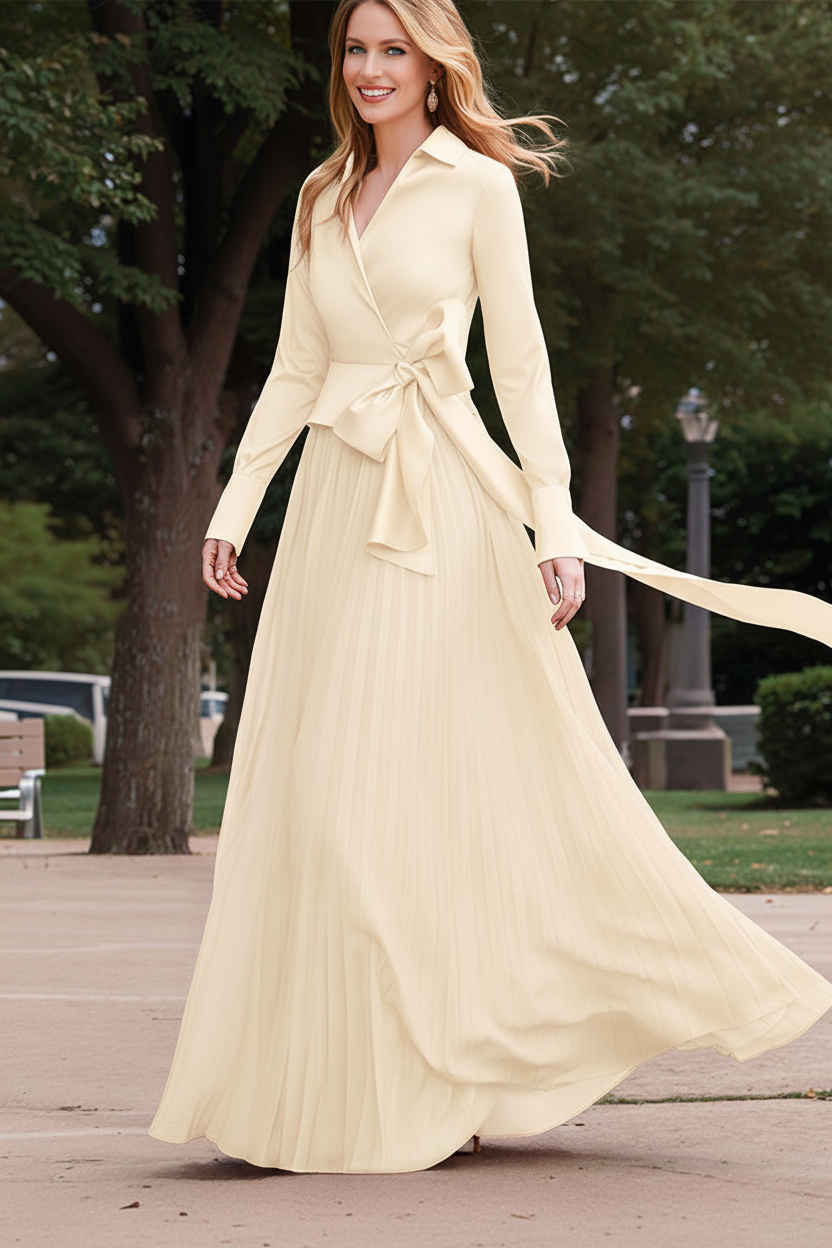 A-Line/Princess V-Neck Floor-Length Long Sleeves Satin Chiffon Two Piece Mother of the Bride Dresses With Bowknot