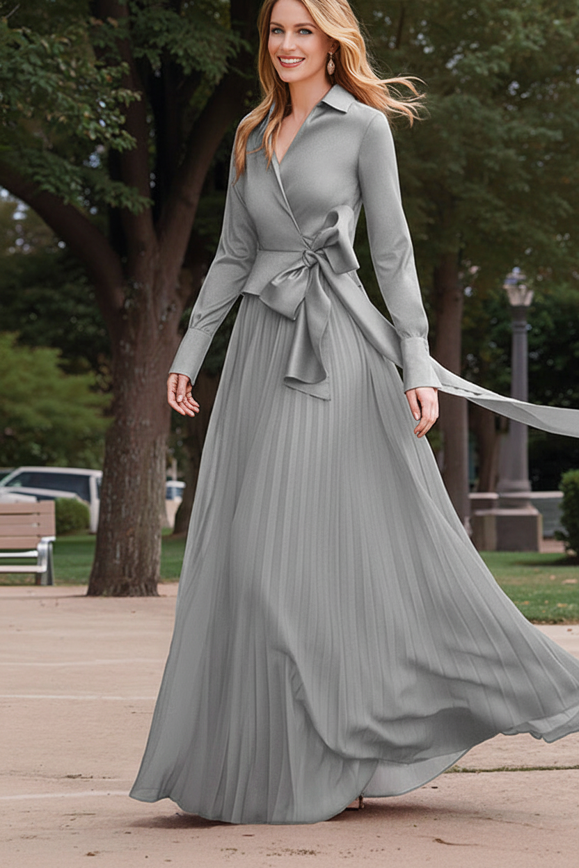 A-Line/Princess V-Neck Floor-Length Long Sleeves Satin Chiffon Two Piece Mother of the Bride Dresses With Bowknot