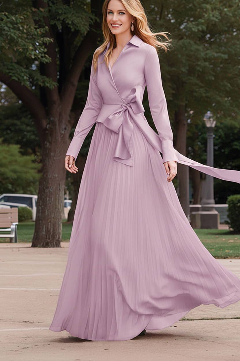 A-Line/Princess V-Neck Floor-Length Long Sleeves Satin Chiffon Two Piece Mother of the Bride Dresses With Bowknot