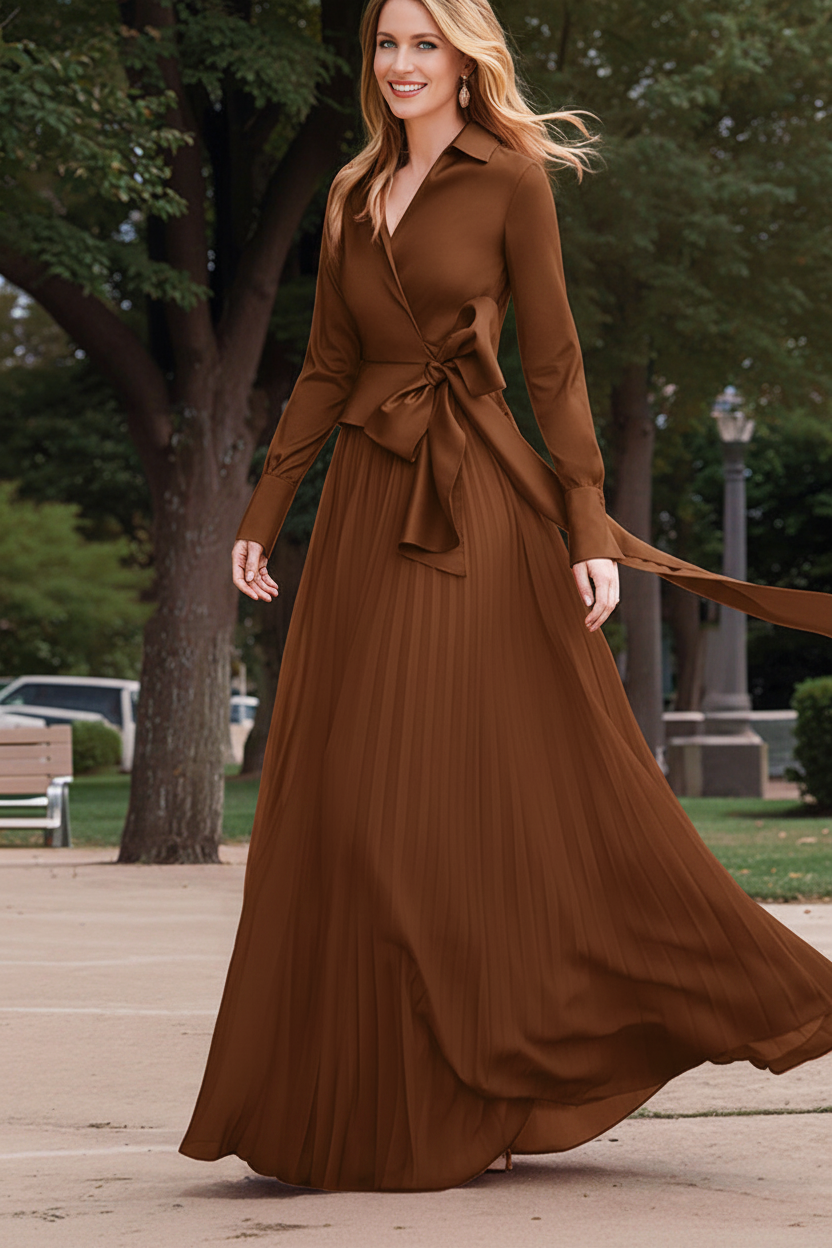 A-Line/Princess V-Neck Floor-Length Long Sleeves Satin Chiffon Two Piece Mother of the Bride Dresses With Bowknot