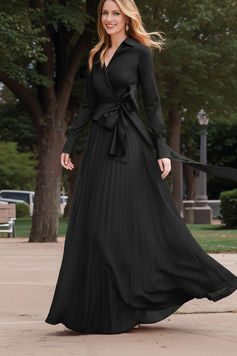 A-Line/Princess V-Neck Floor-Length Long Sleeves Satin Chiffon Two Piece Mother of the Bride Dresses With Bowknot