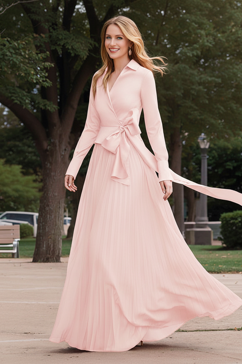 A-Line/Princess V-Neck Floor-Length Long Sleeves Satin Chiffon Two Piece Mother of the Bride Dresses With Bowknot