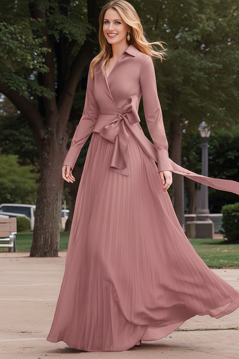 A-Line/Princess V-Neck Floor-Length Long Sleeves Satin Chiffon Two Piece Mother of the Bride Dresses With Bowknot