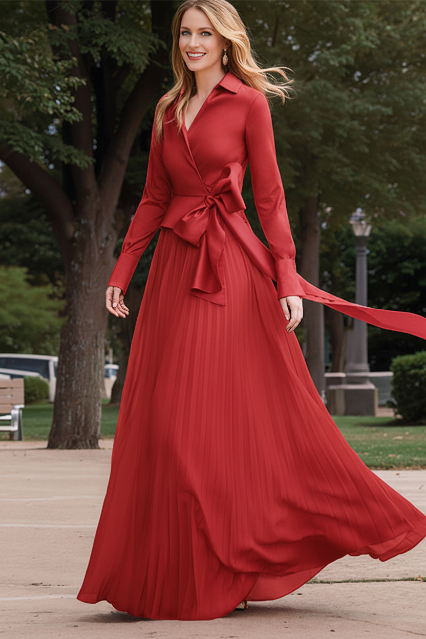 A-Line/Princess V-Neck Floor-Length Long Sleeves Satin Chiffon Two Piece Mother of the Bride Dresses With Bowknot