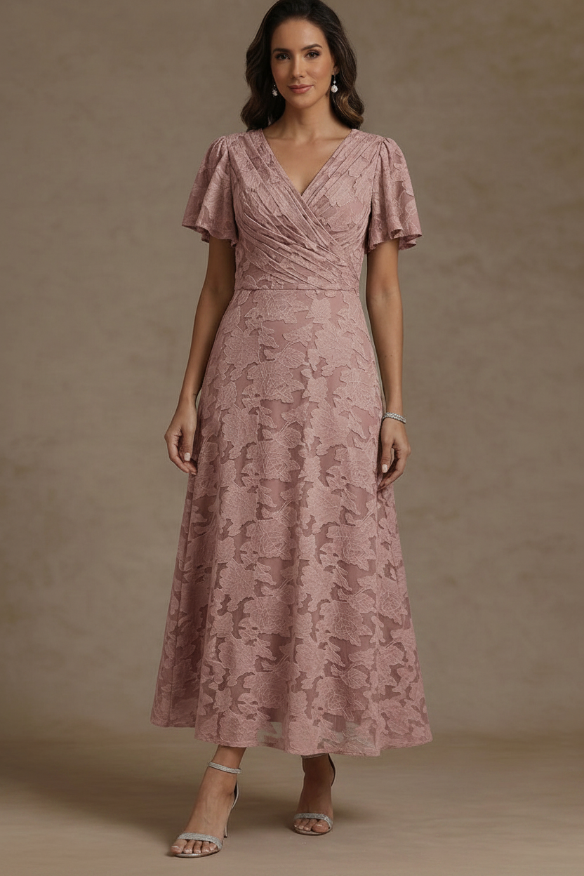 A-Line/Princess V-Neck Floral Burnout Mother of the Bride Dresses Short Sleeves Ankle-Length Ruched
