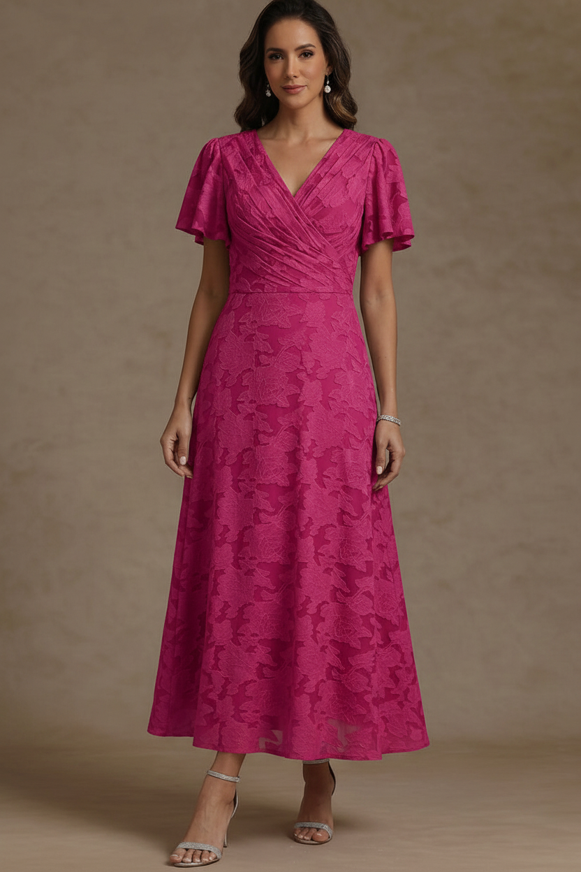 A-Line/Princess V-Neck Floral Burnout Mother of the Bride Dresses Short Sleeves Ankle-Length Ruched