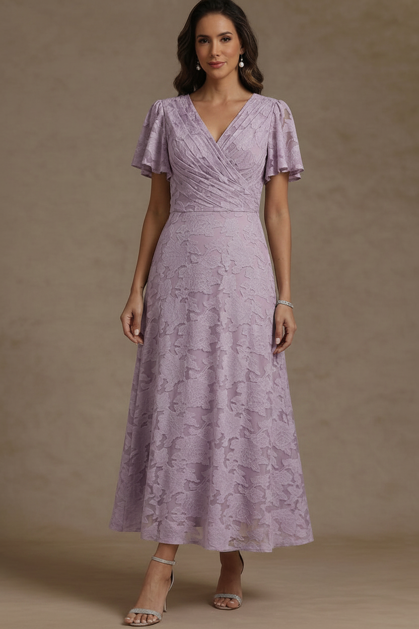 A-Line/Princess V-Neck Floral Burnout Mother of the Bride Dresses Short Sleeves Ankle-Length Ruched