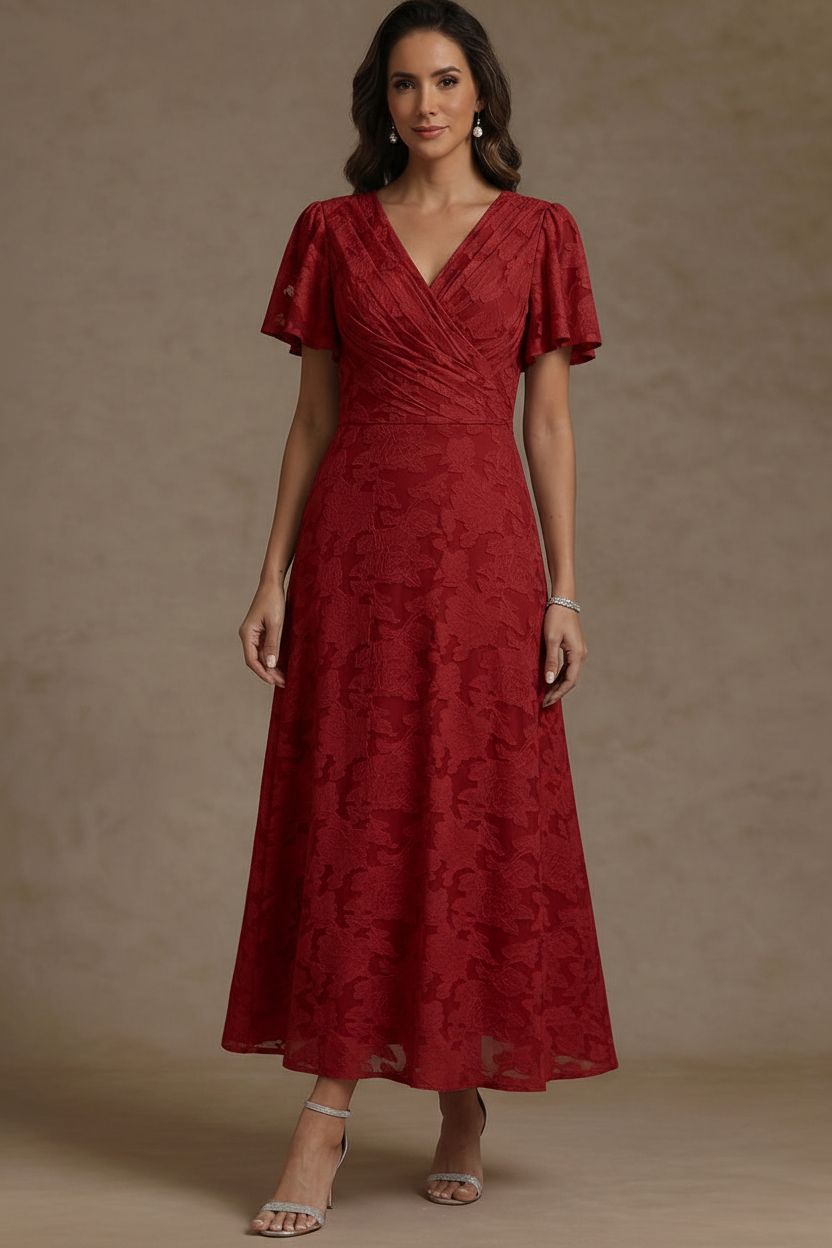 A-Line/Princess V-Neck Floral Burnout Mother of the Bride Dresses Short Sleeves Ankle-Length Ruched
