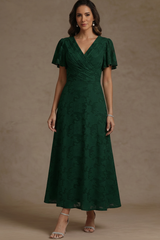 A-Line/Princess V-Neck Floral Burnout Mother of the Bride Dresses Short Sleeves Ankle-Length Ruched